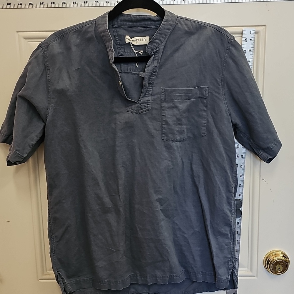 Men's, Blue, Short, Sleeve, Linen, Baggy, Travel, Summer, Lightweight, Office